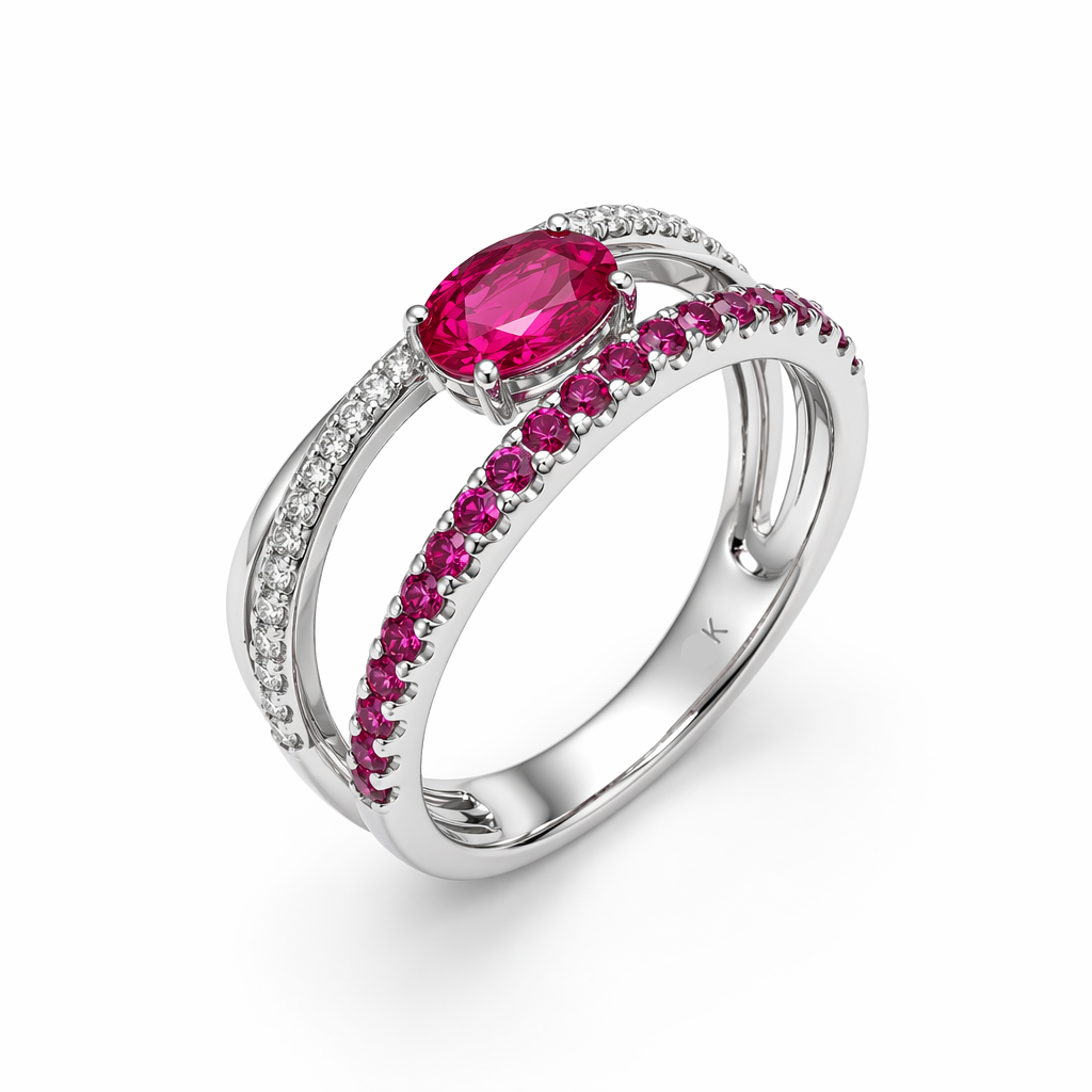 Pink Ruby & Diamond Crossover Ring in 9K White Gold | Sydney CBD | Tayam Jewellery