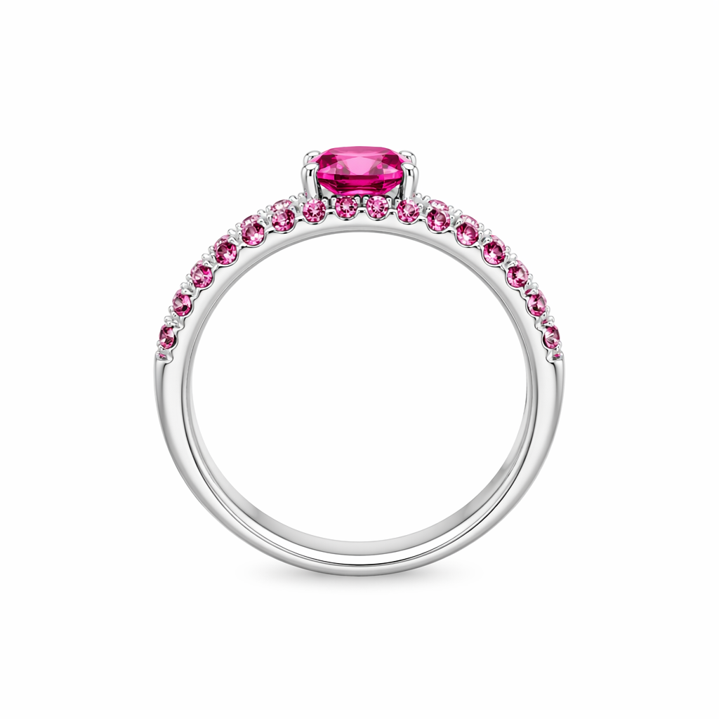 pink ruby central:50pt side ruby 0.3ct diamod 0.127  three line ring 9k | Tayam Jewellery