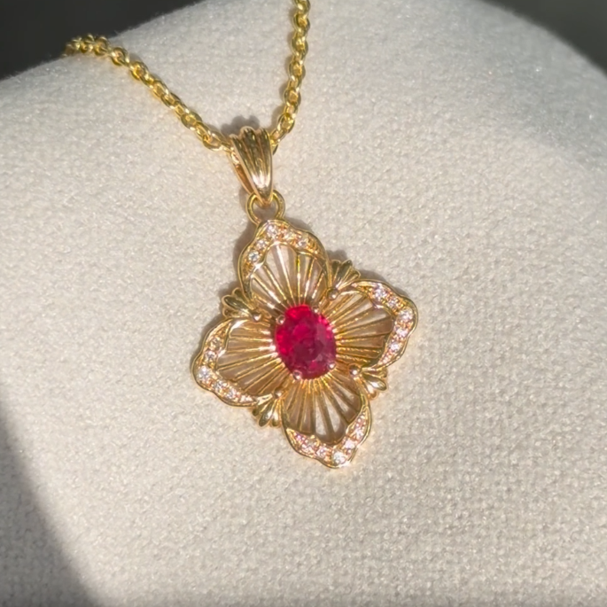 Mozambique ruby quatrefoil pendant in 18K yellow gold with natural diamonds — July birthstone gift Sydney