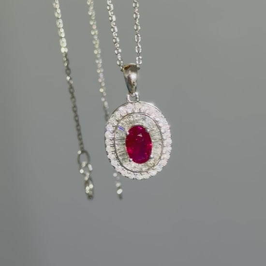 Ruby diamond double halo pendant in 18K white gold, 360 rotating view