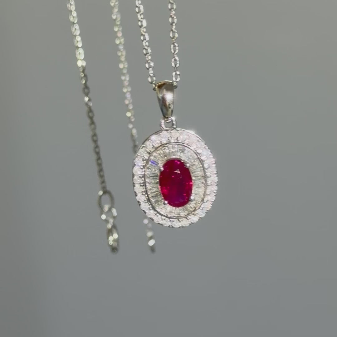 Ruby diamond double halo pendant in 18K white gold, 360 rotating view