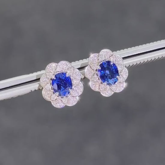 Natural blue sapphire & diamond flower earrings in 18K white gold — bespoke fine jewellery | Tayam Sydney CBD