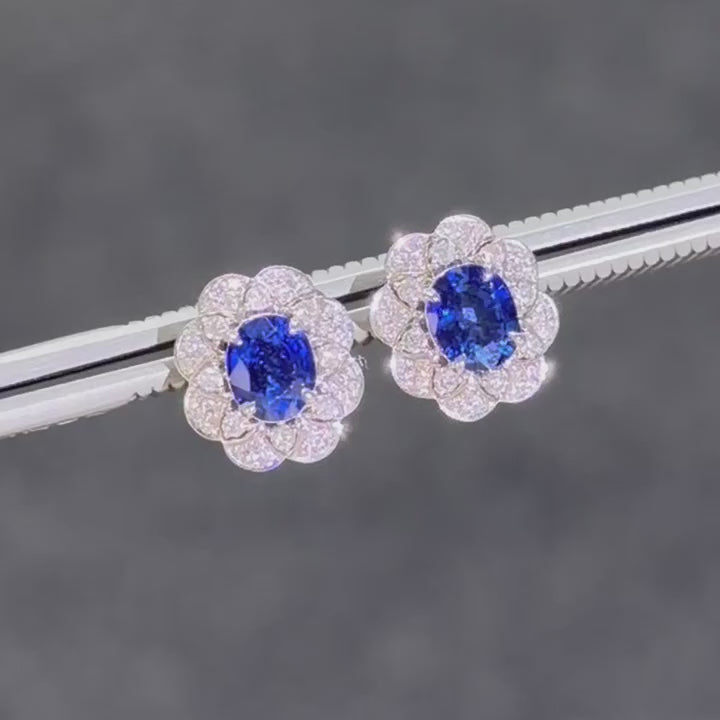 Natural blue sapphire & diamond flower earrings in 18K white gold — bespoke fine jewellery | Tayam Sydney CBD