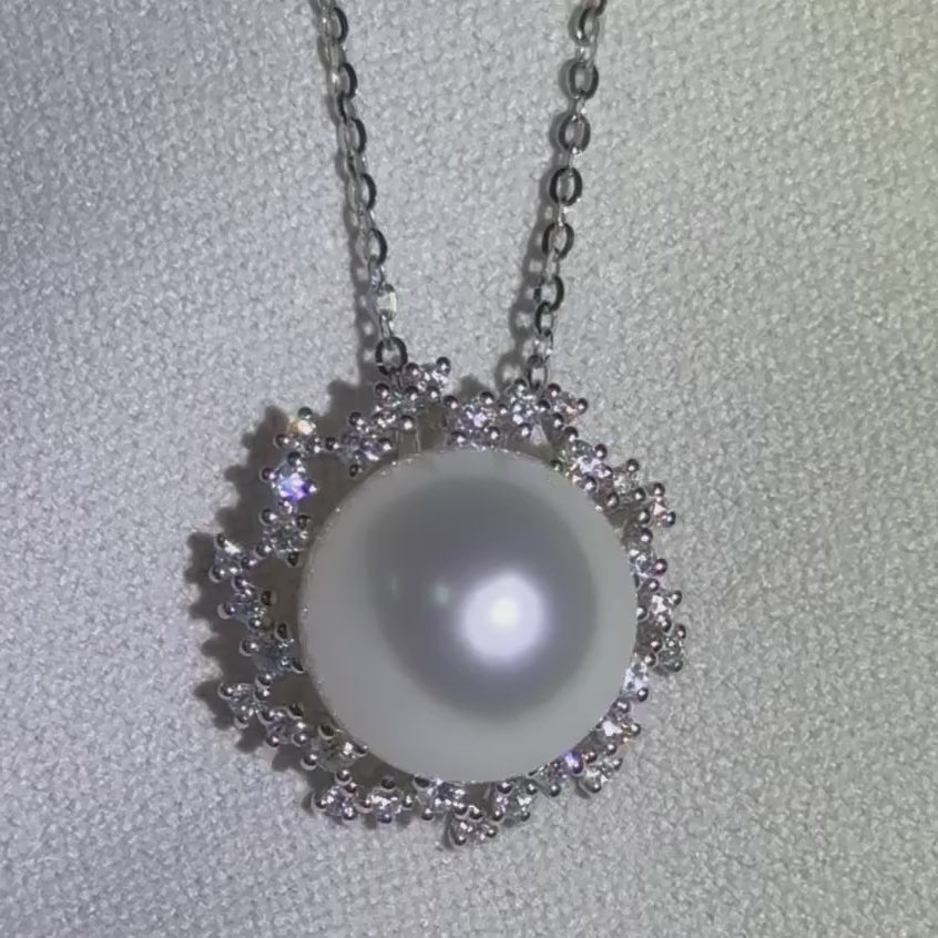 South Sea pearl scattered diamond halo pendant — lustre and surface detail shown | Tayam Jewellery Sydney CBD