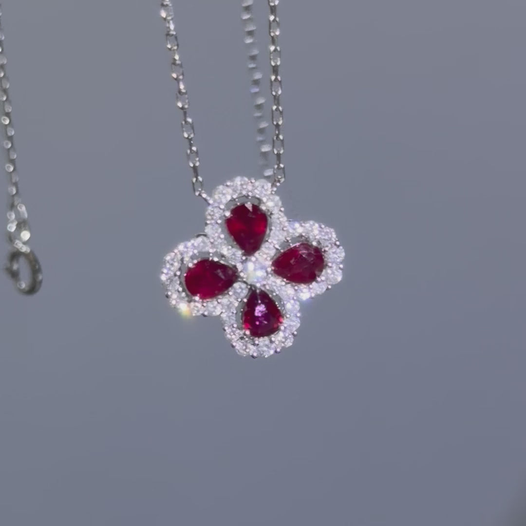 Ruby diamond four-leaf clover necklace in 18K white gold, 360 rotating view