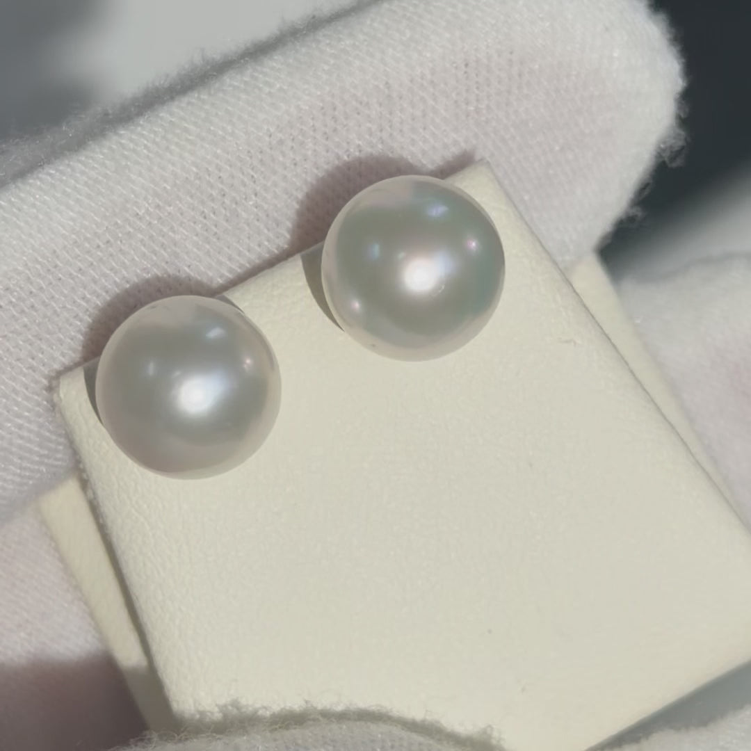 Natural Australian South Sea pearl stud earrings 9-10mm — exceptional lustre and surface detail shown | Tayam Sydney