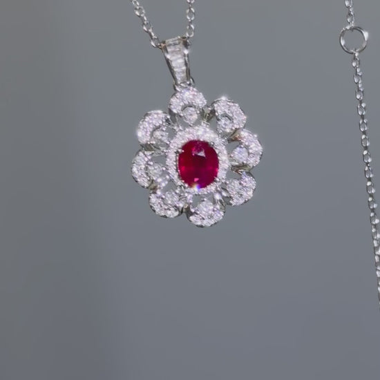 Ruby diamond flower halo pendant in 18K white gold, 360 rotating view