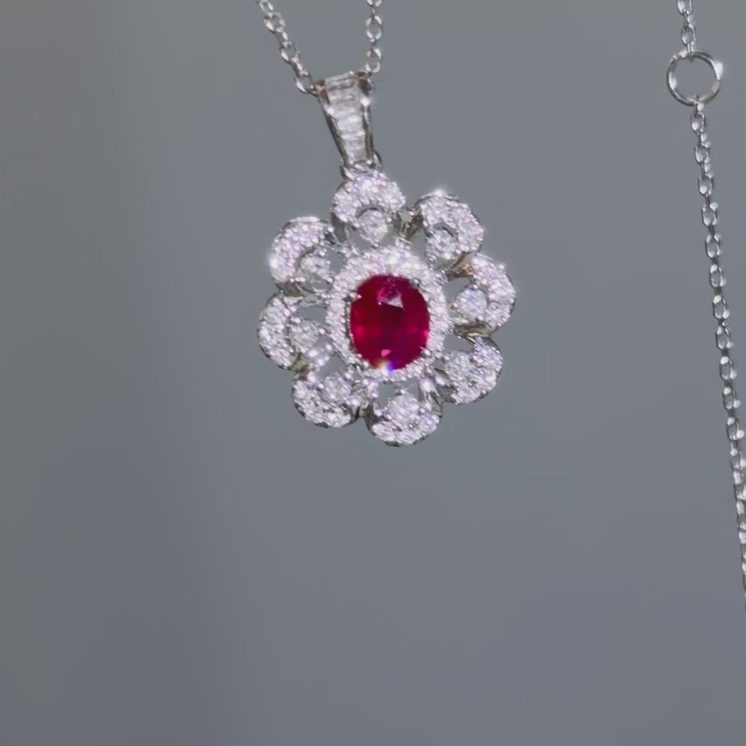 Ruby diamond flower halo pendant in 18K white gold, 360 rotating view