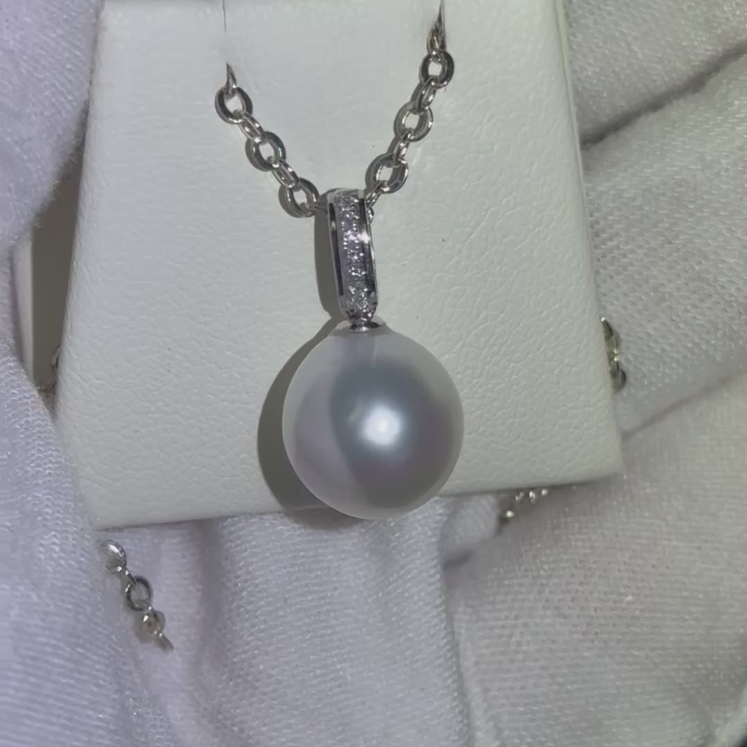11mm near round Australian South Sea pearl pendant video — natural diamonds 18K white gold | Tayam Sydney CBD