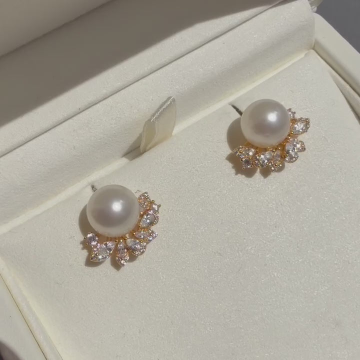 Video of 9-10mm Australian South Sea pearl stud earrings with moissanite | Tayam Sydney CBD