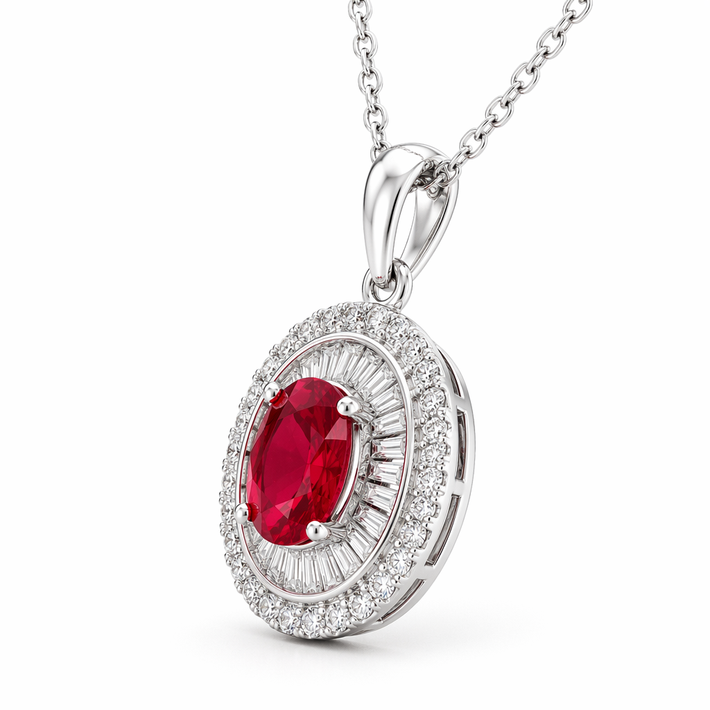 Ruby diamond double halo pendant close-up showing baguette and round diamond detail