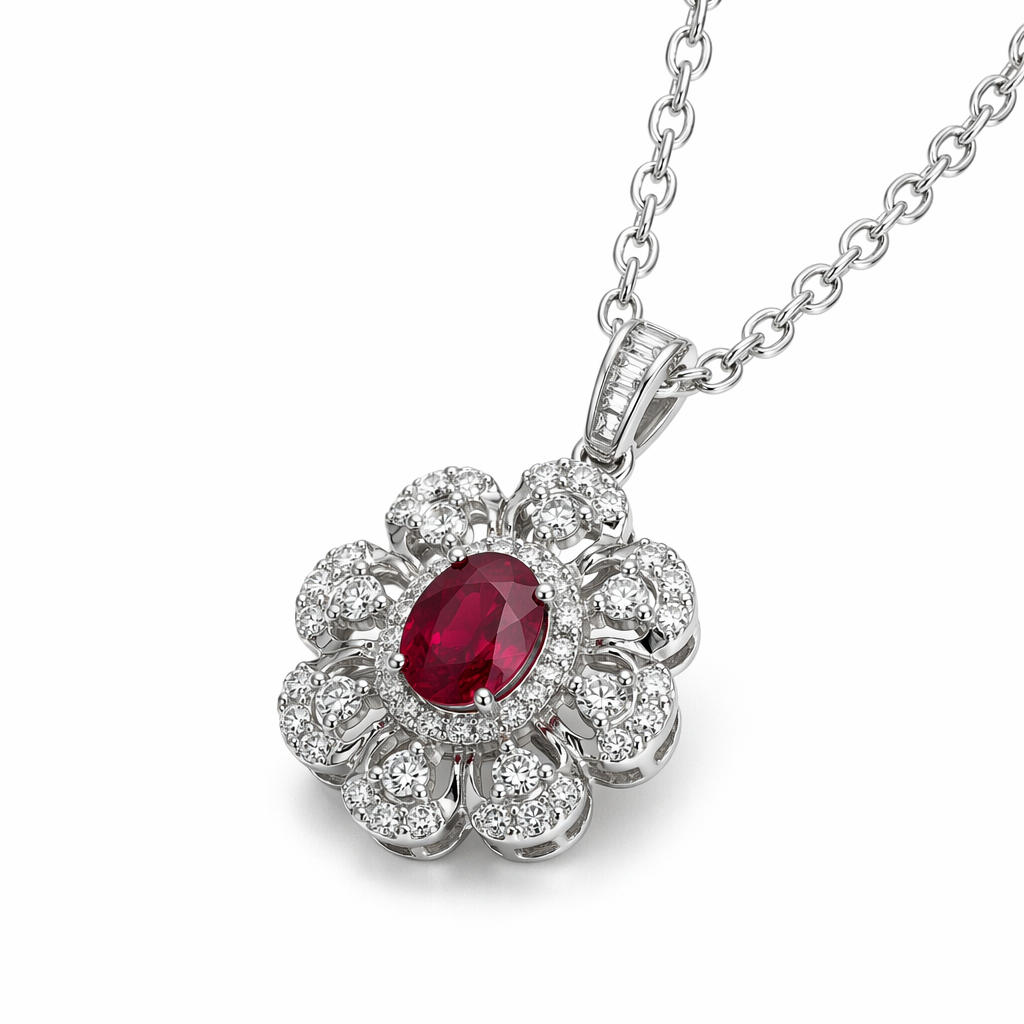 Ruby diamond flower halo pendant close-up showing oval ruby and diamond petal detail