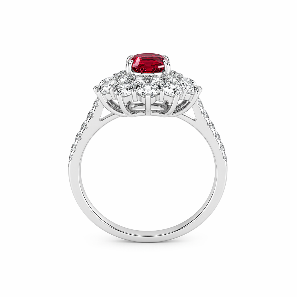 Ruby engagement ring side profile showing 18K white gold band and diamond-set shoulders