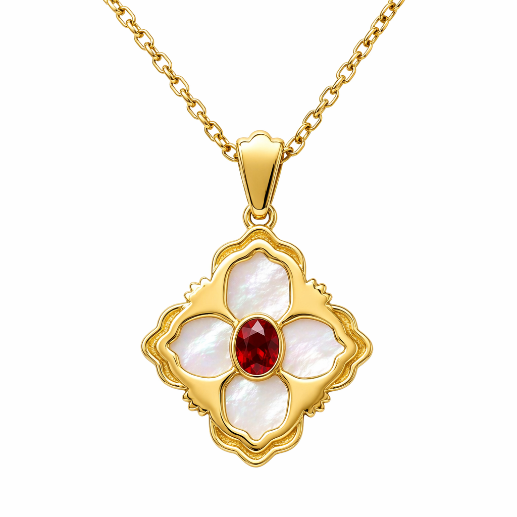 Ruby mother-of-pearl pendant angled view showing 18K yellow gold setting detail