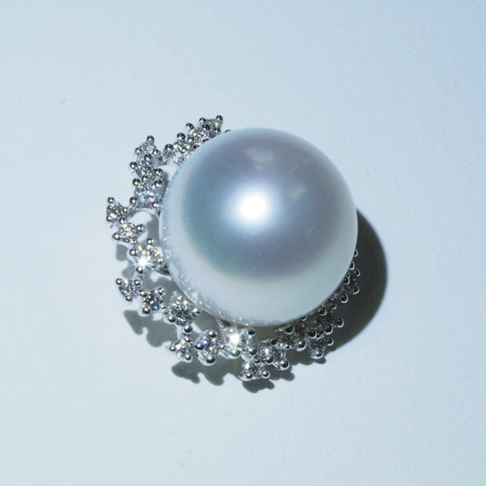 Natural 12-12.5mm Australian South Sea pearl pendant with scattered diamond halo 18K gold | Tayam Jewellery Sydney CBD