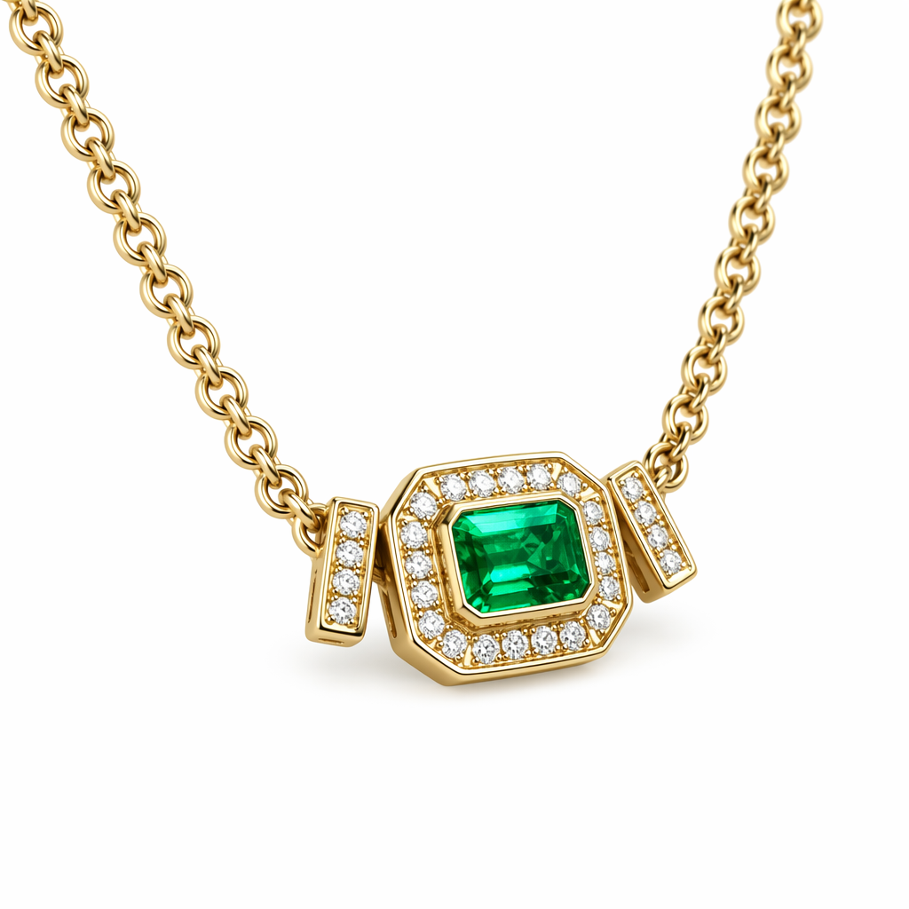 0.39ct Zambian vivid green emerald necklace with diamond halo on 18K yellow gold Cuban chain | Tayam Sydney CBD