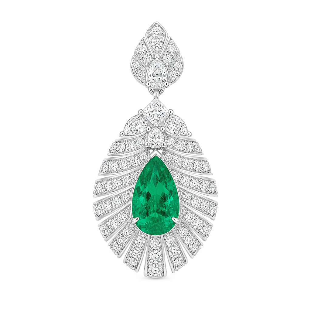 0.63ct Zambian vivid green emerald feather pendant with diamonds — 18K white gold | Tayam Sydney CBD