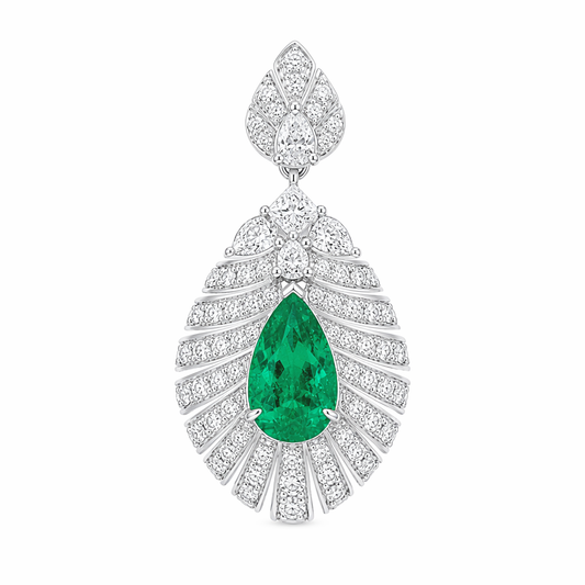0.63ct Zambian vivid green emerald feather pendant with diamonds — 18K white gold | Tayam Sydney CBD