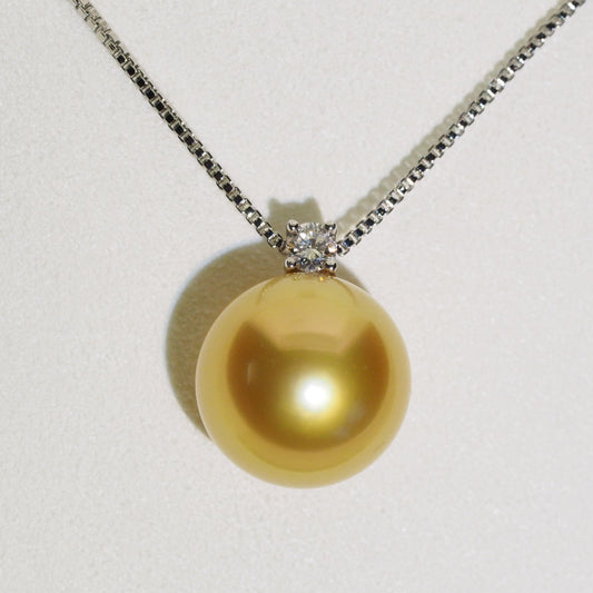 12-12.5mm near round golden South Sea pearl pendant with lab diamonds — 9K white gold | Tayam Sydney CBD
