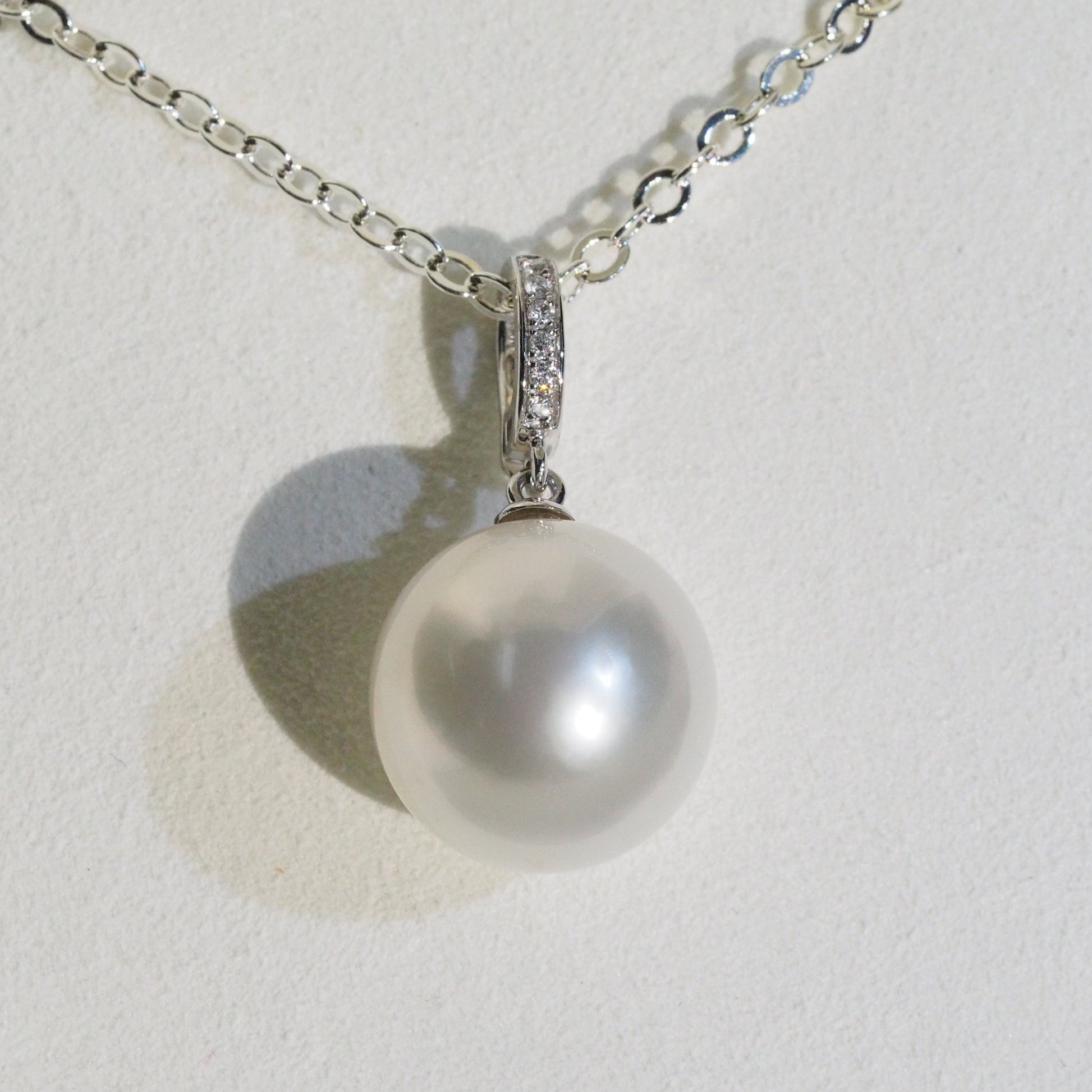 12-12.5mm round South Sea pearl pendant with lab diamonds — 9K white gold classic design | Tayam Sydney CBD