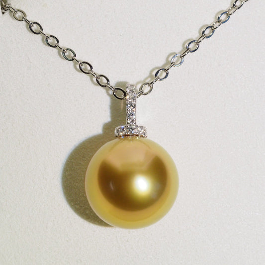 12.5-13mm high button golden South Sea pearl pendant with lab diamonds — 9K white gold | Tayam Sydney CBD