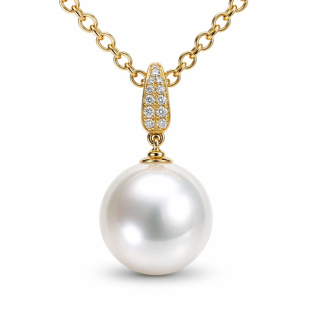 12.5-13mm round South Sea pearl pendant with natural diamonds — 18K yellow gold | Tayam Sydney CBD