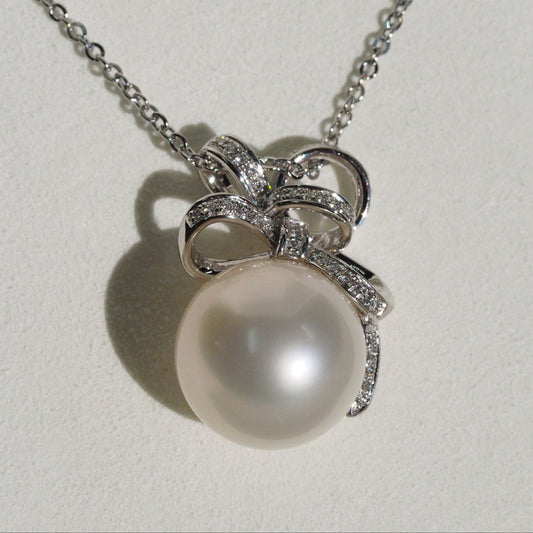 13.5-14mm South Sea pearl pendant with diamond bow — heavy 18K white gold statement piece | Tayam Sydney CBD