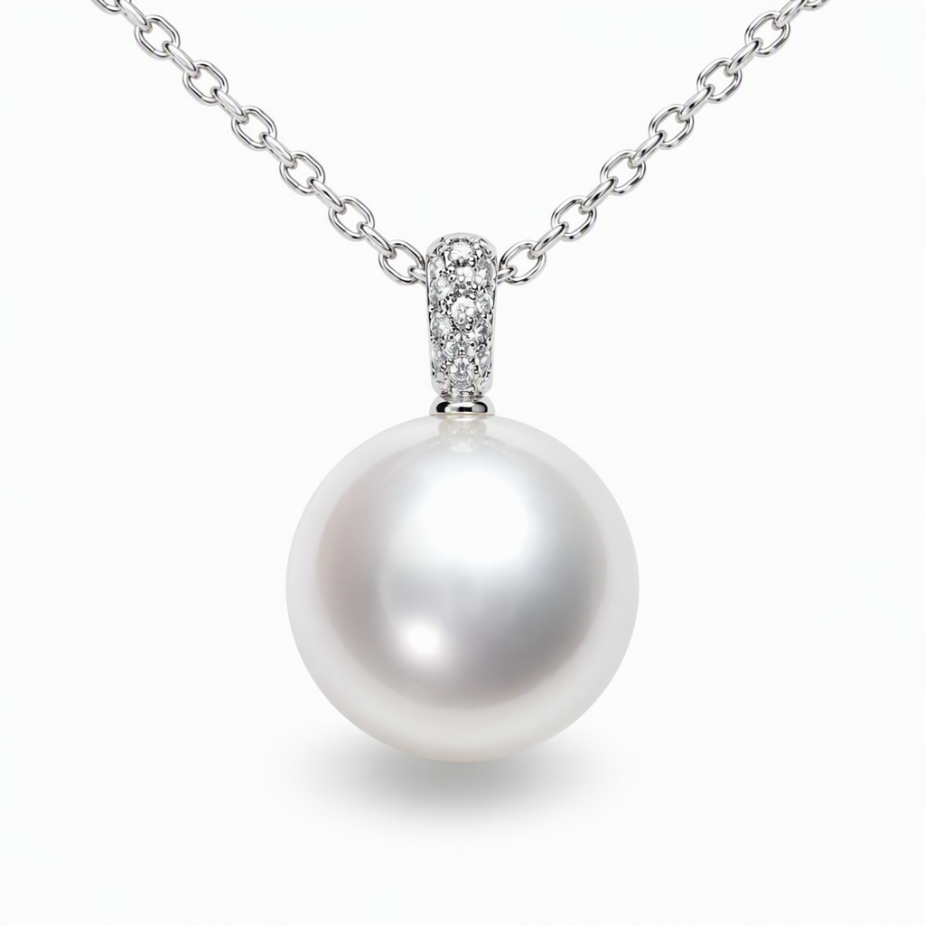 13.5-14mm round South Sea pearl pendant with natural diamonds — 18K white gold statement size | Tayam Sydney CBD