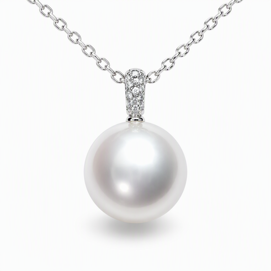 13.5-14mm round South Sea pearl pendant with natural diamonds — 18K white gold statement size | Tayam Sydney CBD