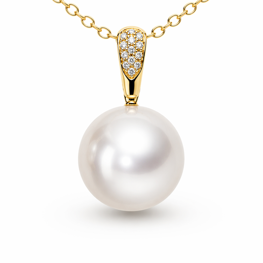 14-15mm round Australian South Sea pearl pendant with natural diamonds — 18K yellow gold statement size | Tayam Sydney CBD