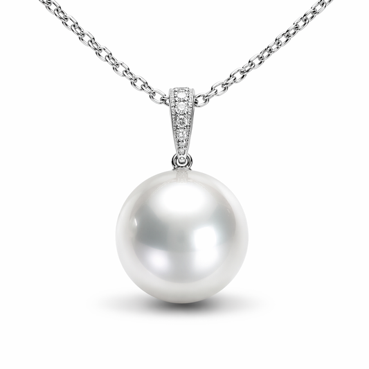 14mm round South Sea pearl pendant with natural diamonds — 18K white gold statement size | Tayam Sydney CBD