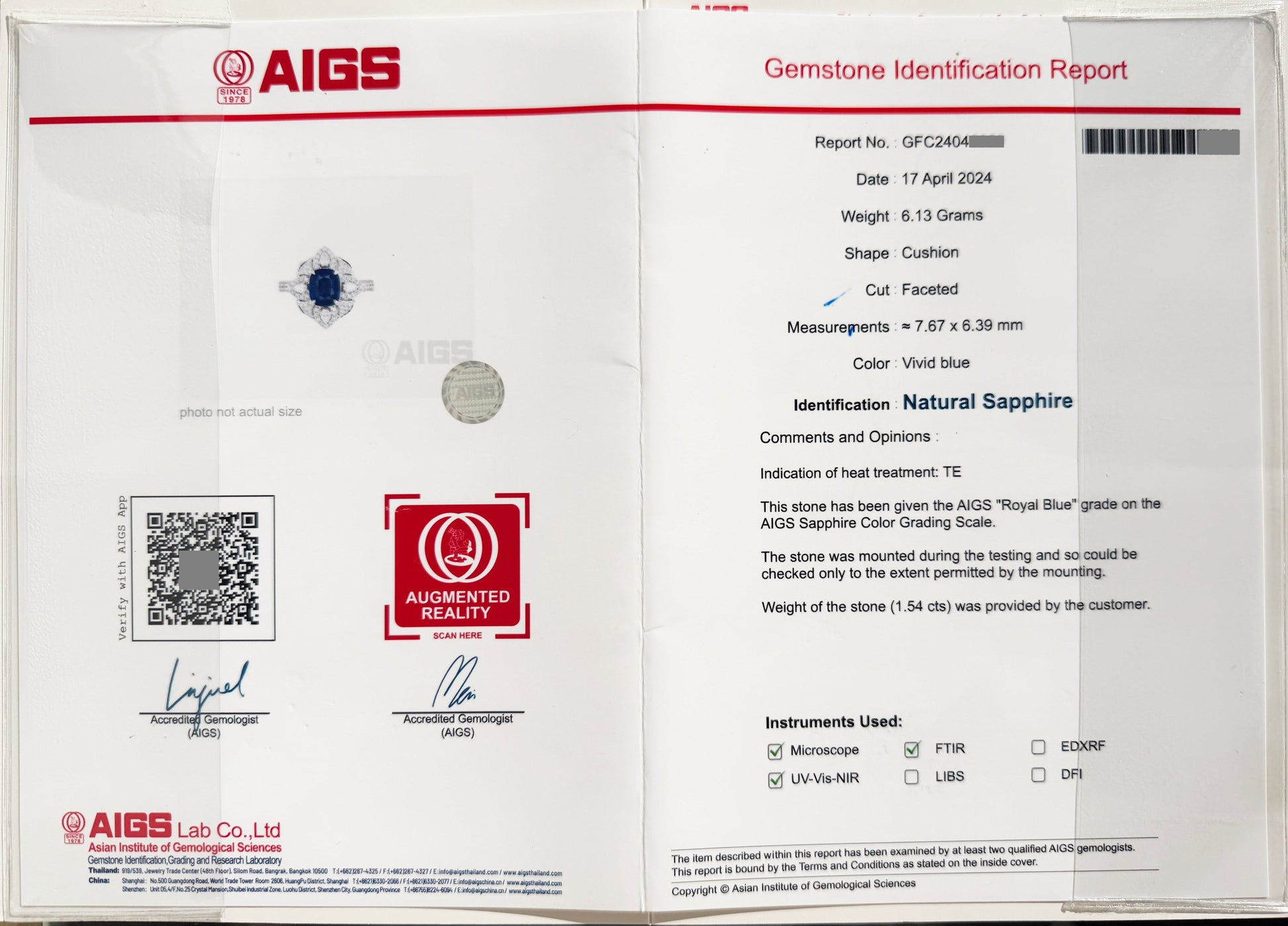 AIGS certificate of authenticity for 1.54ct natural Royal Blue Sapphire | Tayam Jewellery Sydney