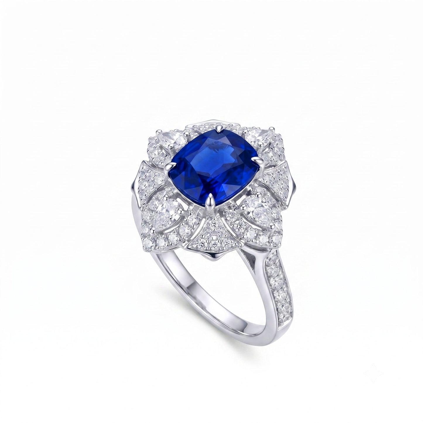 1.54ct AIGS certified Royal Blue Sapphire ring showing vivid colour and diamond detail
