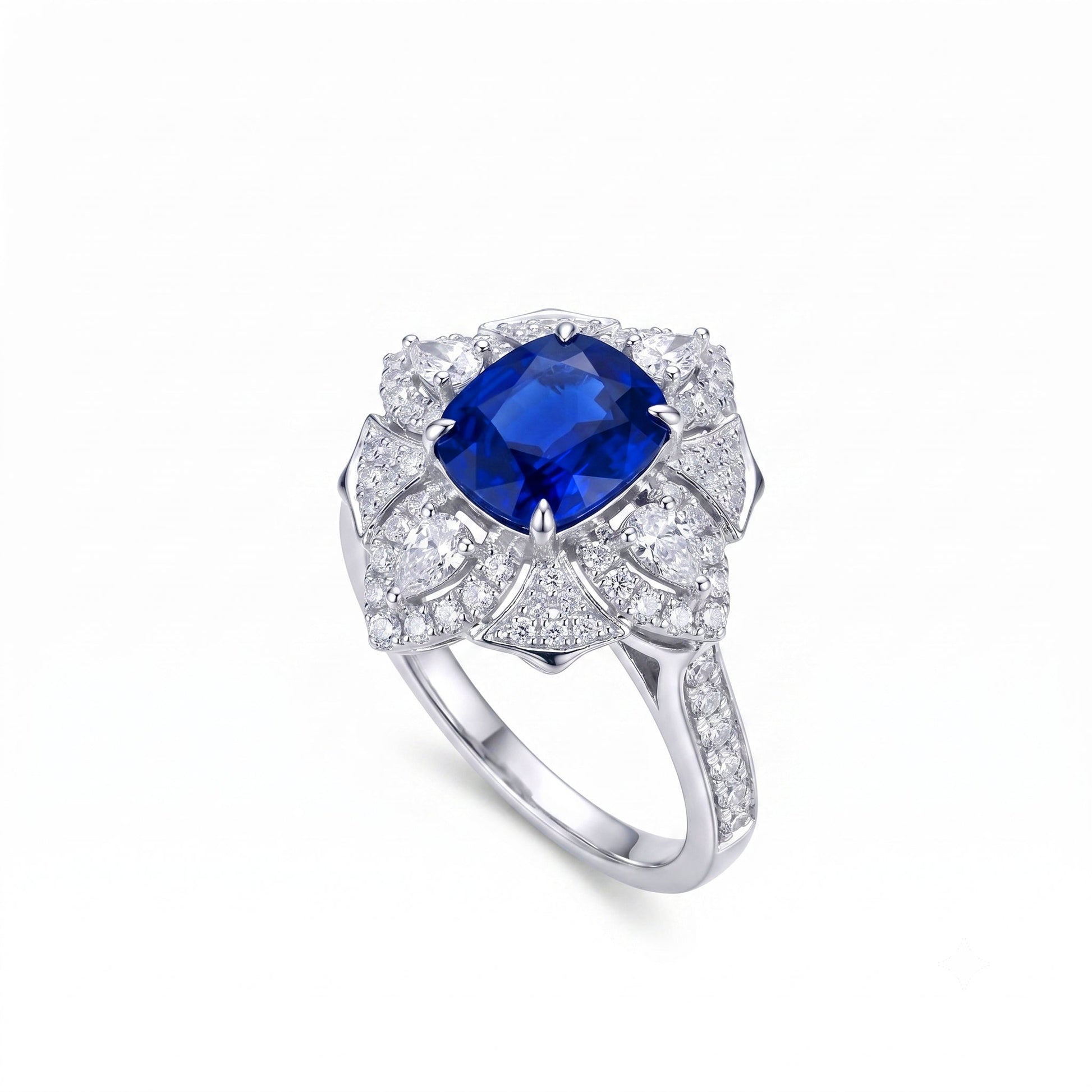 1.54ct AIGS certified Royal Blue Sapphire ring showing vivid colour and diamond detail