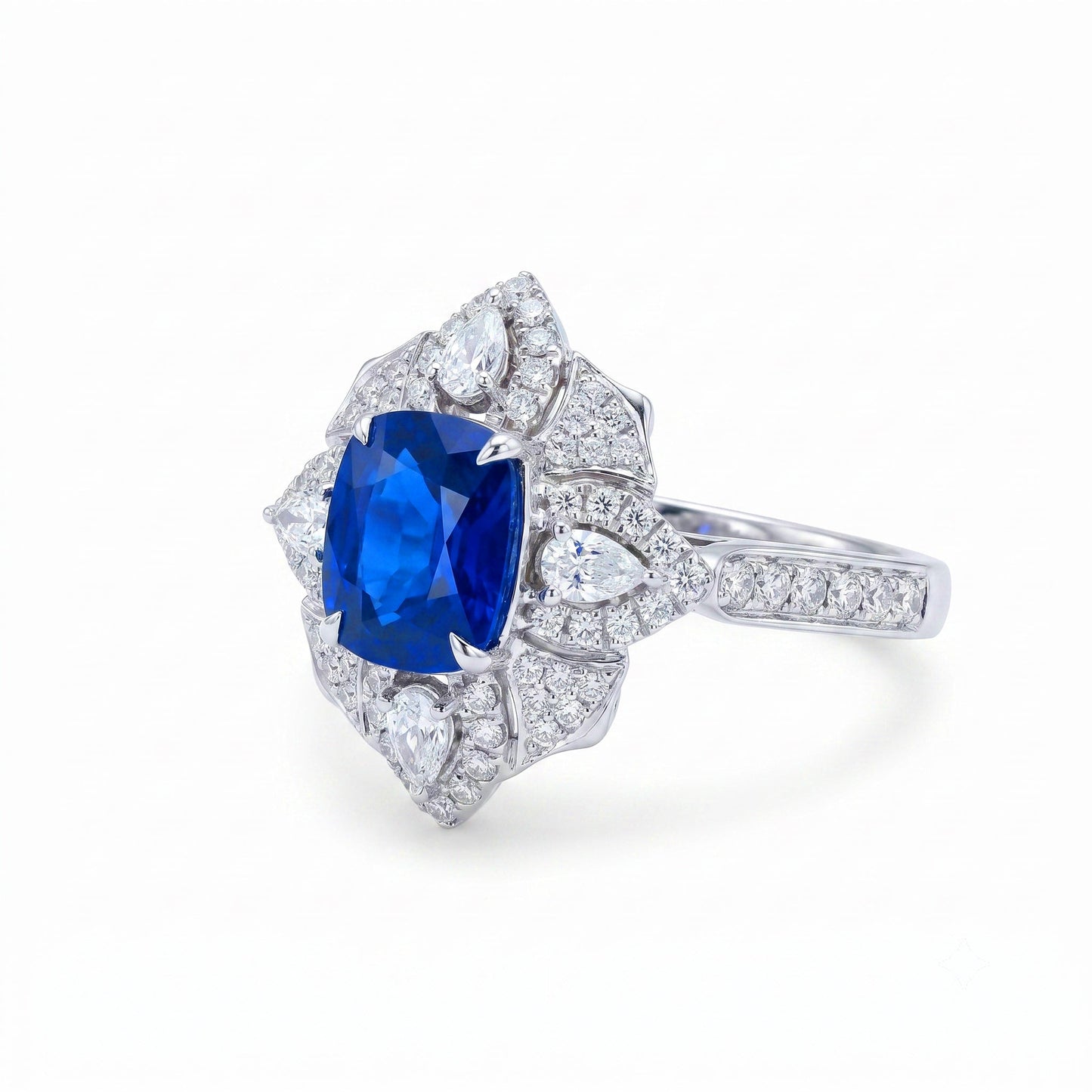 Bespoke sapphire engagement ring side profile showing 18K gold band and diamond setting