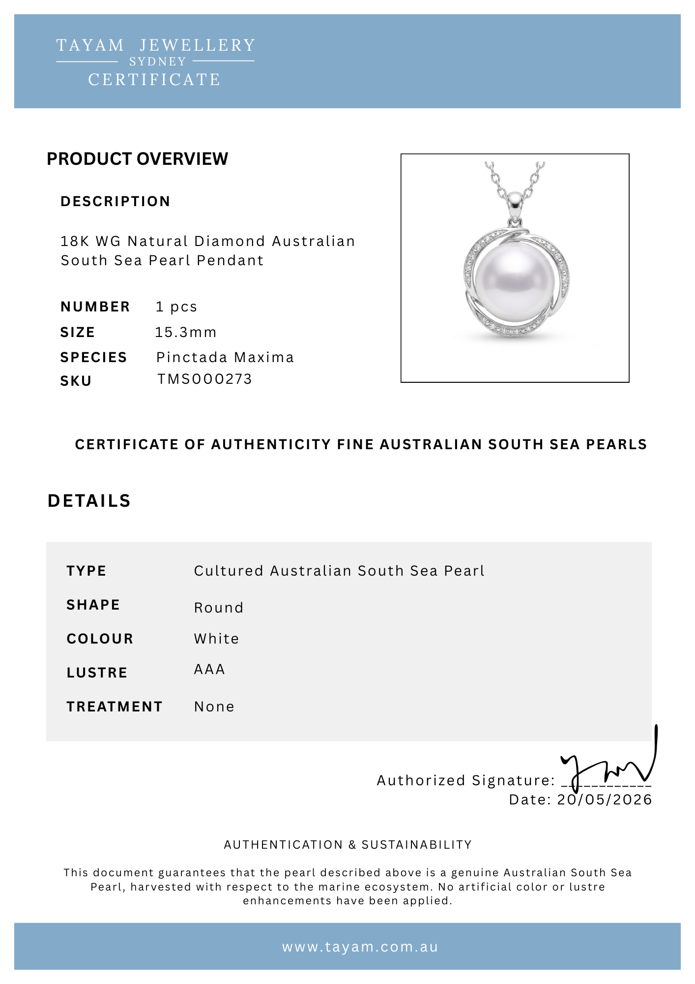 Certificate of authenticity for 15.3mm Australian South Sea Pearl pendant | Tayam Jewellery