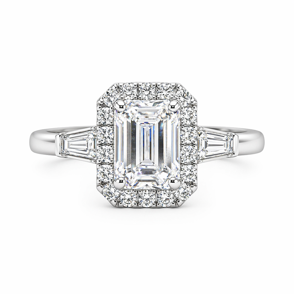 1ct emerald cut halo lab diamond ring with baguette shoulders — Art Deco design | Tayam Sydney CBD