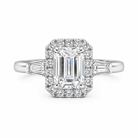 1ct emerald cut halo lab diamond ring with baguette shoulders — Art Deco design | Tayam Sydney CBD
