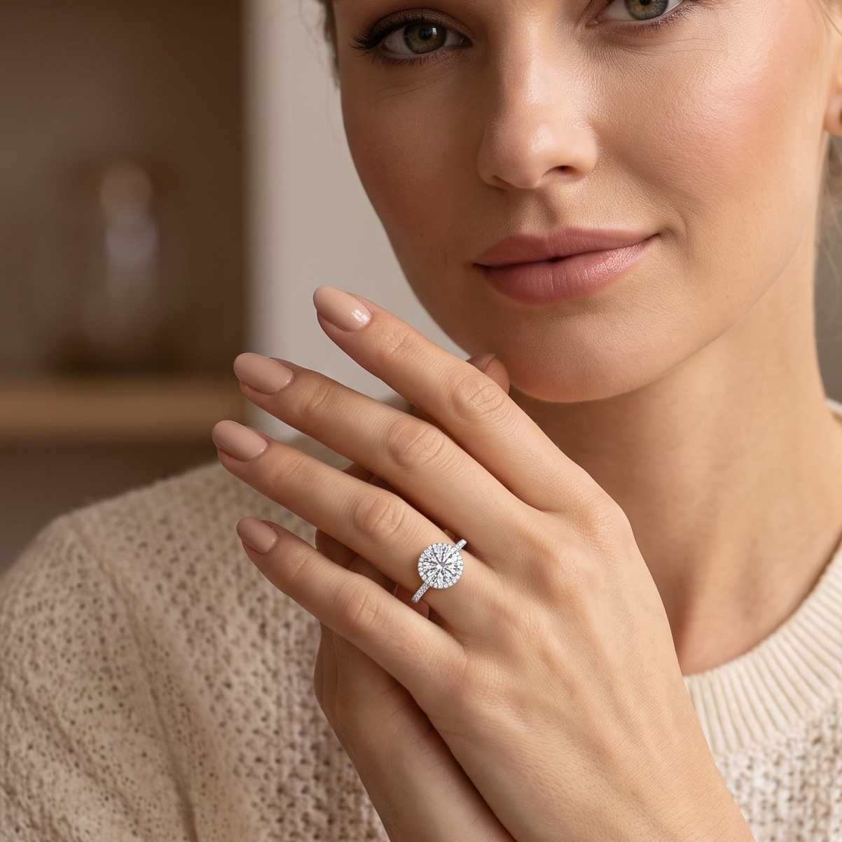 1ct round cut lab diamond halo ring on hand — custom engagement ring Sydney CBD | Tayam
