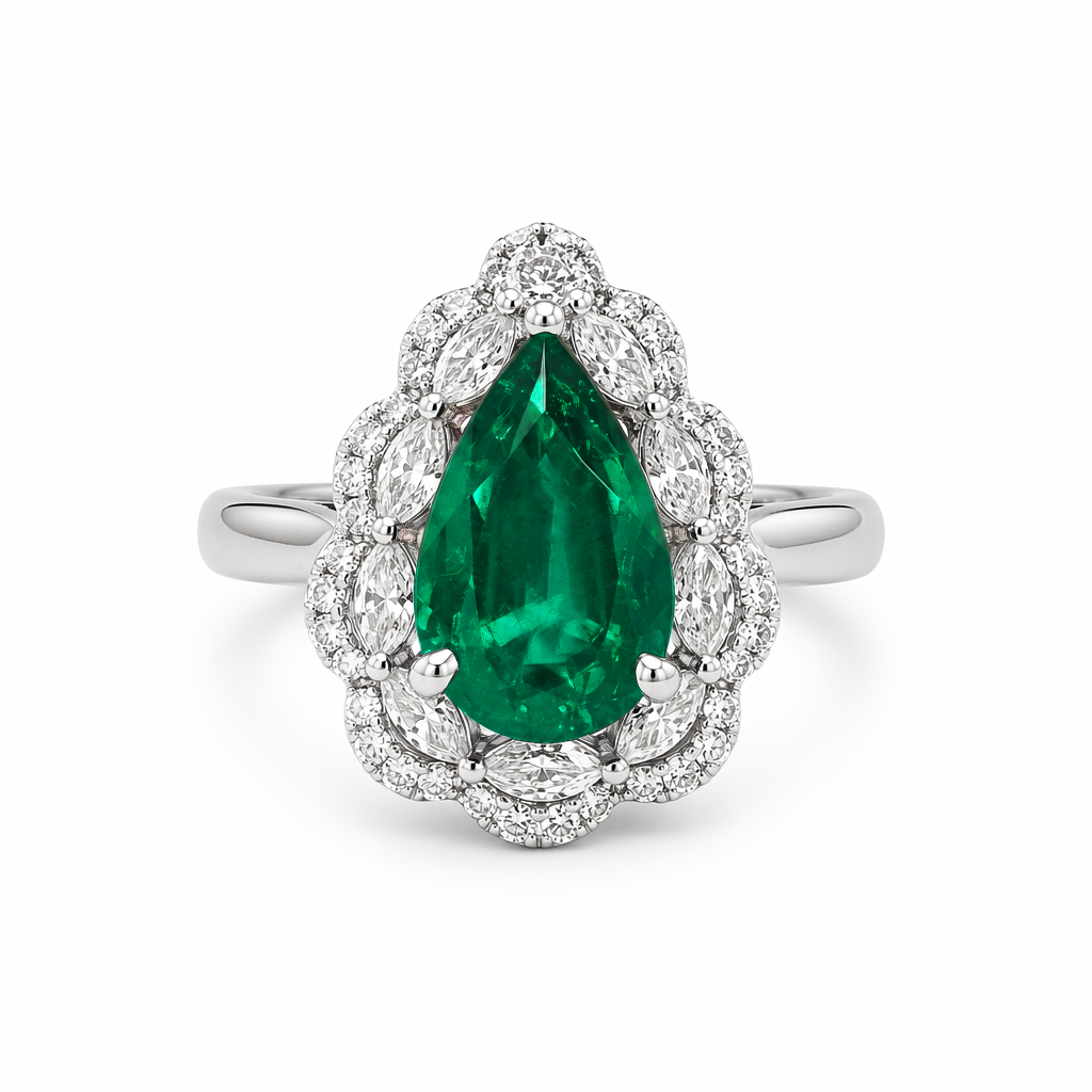 2ct Zambian vivid green emerald pear cut ring with marquise diamond royal halo — 18K white gold | Tayam Sydney CBD
