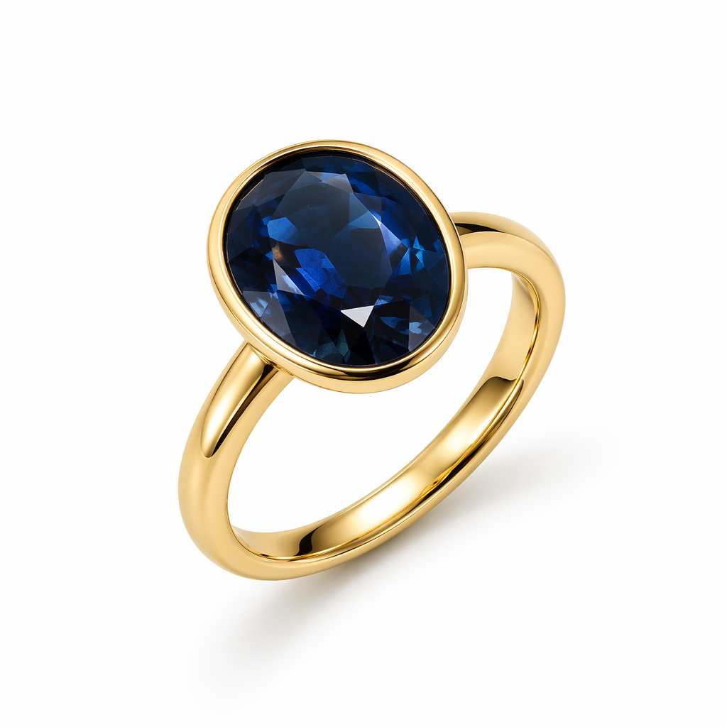 Australian sapphire bezel set ring in 18K yellow gold — deep blue oval cut minimalist design | Tayam Sydney CBD