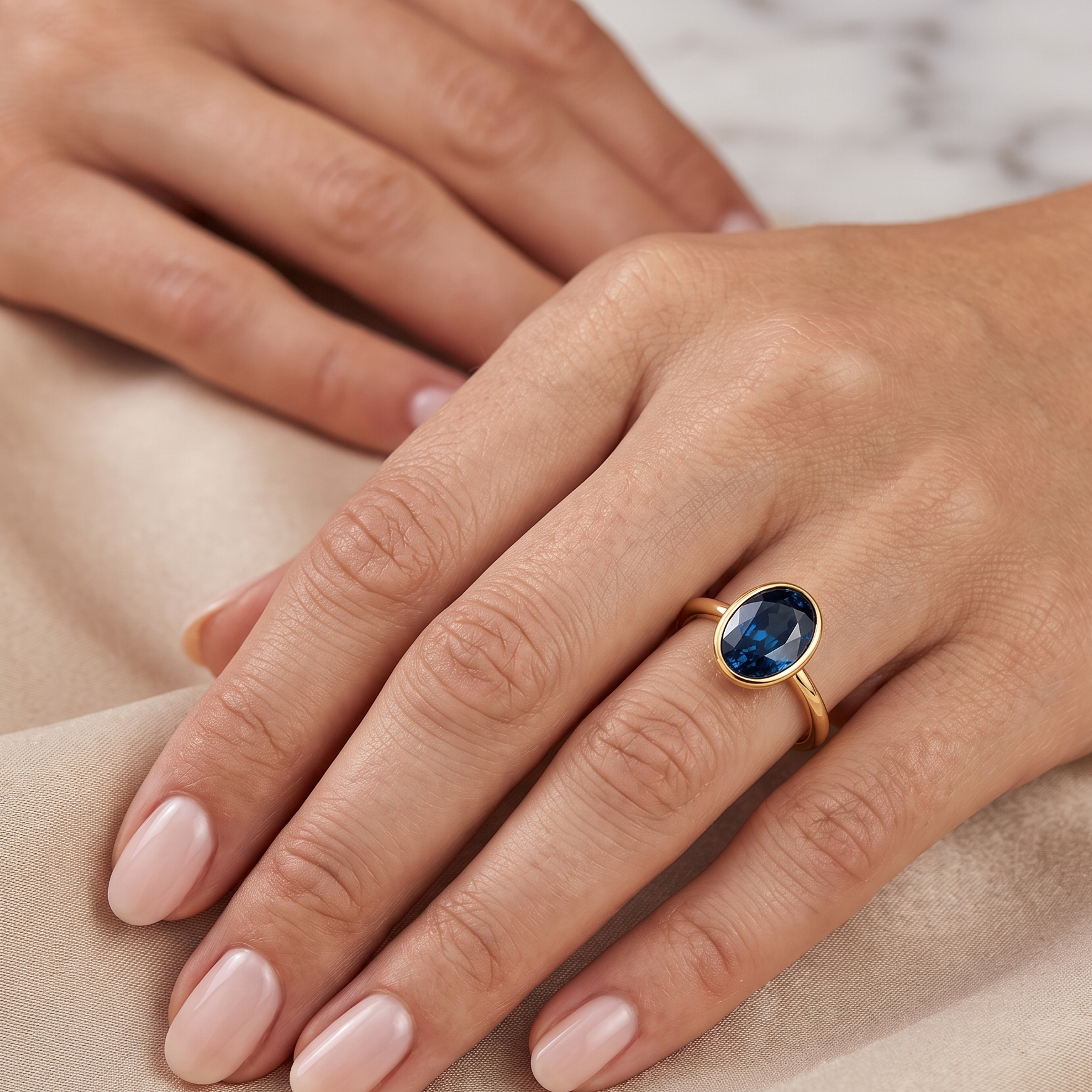 Australian sapphire ring close-up — deep blue bezel set minimalist design | Tayam Sydney