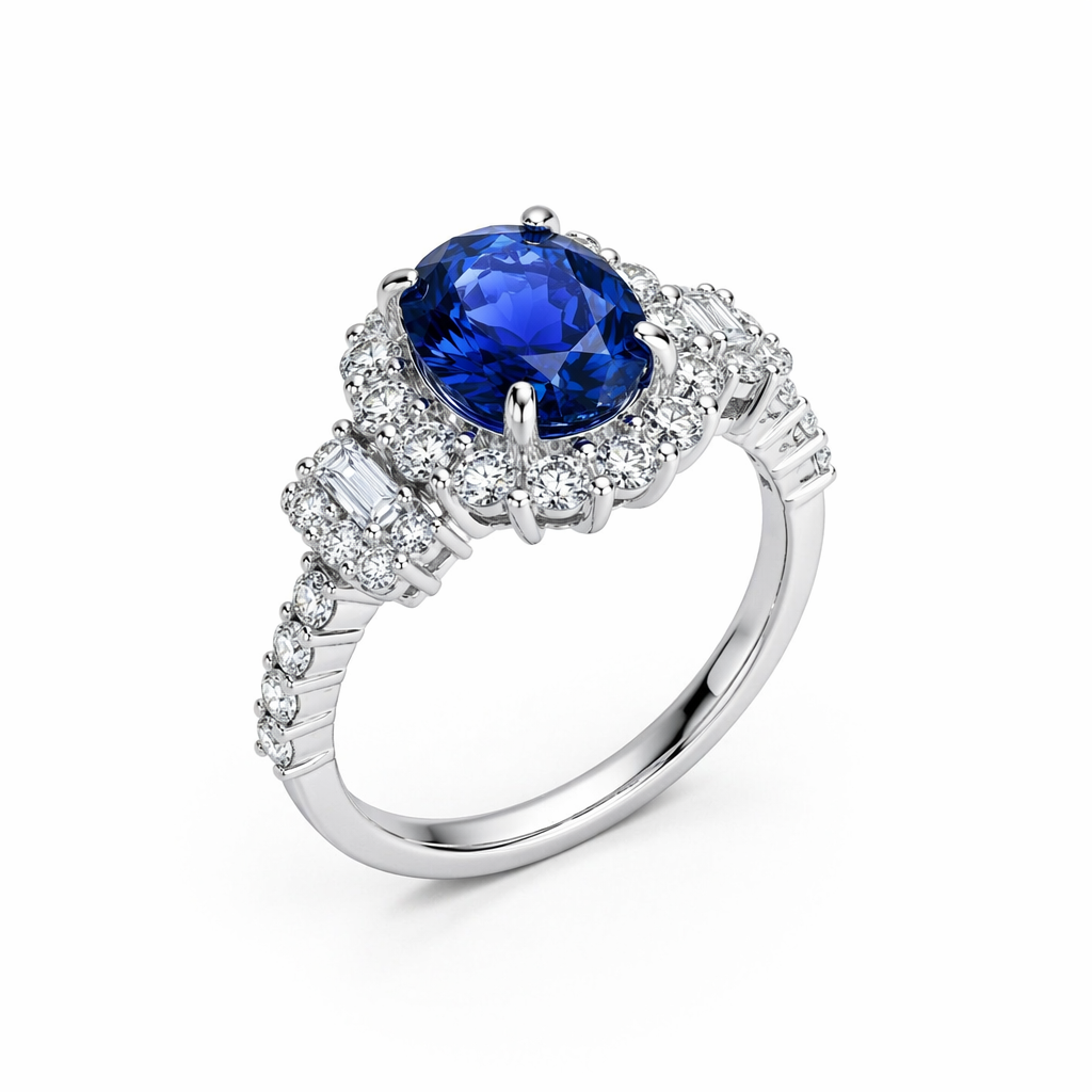 Ceylon sapphire diamond halo ring with baguette accents — 18K white gold royal blue | Tayam Sydney CBD