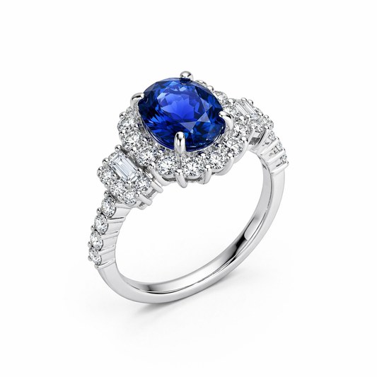 Ceylon sapphire diamond halo ring with baguette accents — 18K white gold royal blue | Tayam Sydney CBD