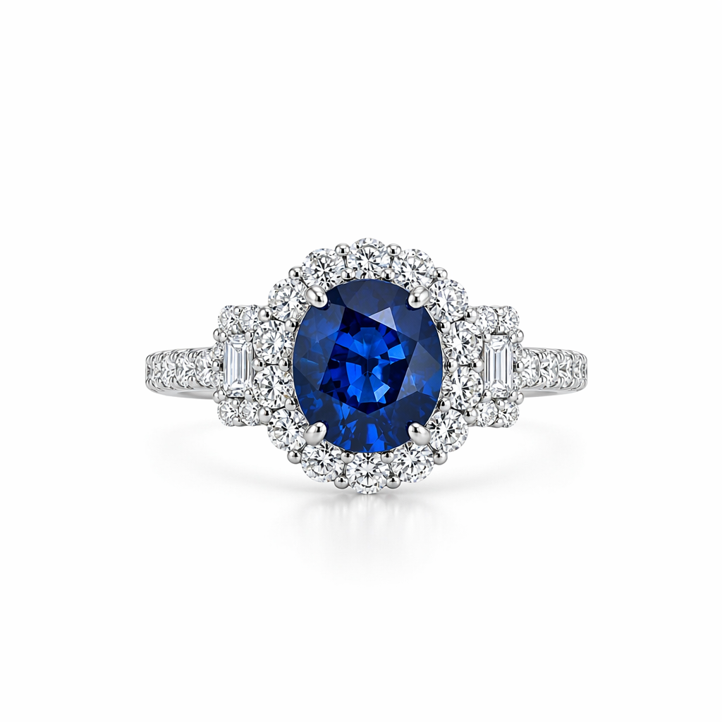 Ceylon sapphire statement ring top view — diamond halo baguette shoulders | Tayam Jewellery Sydney