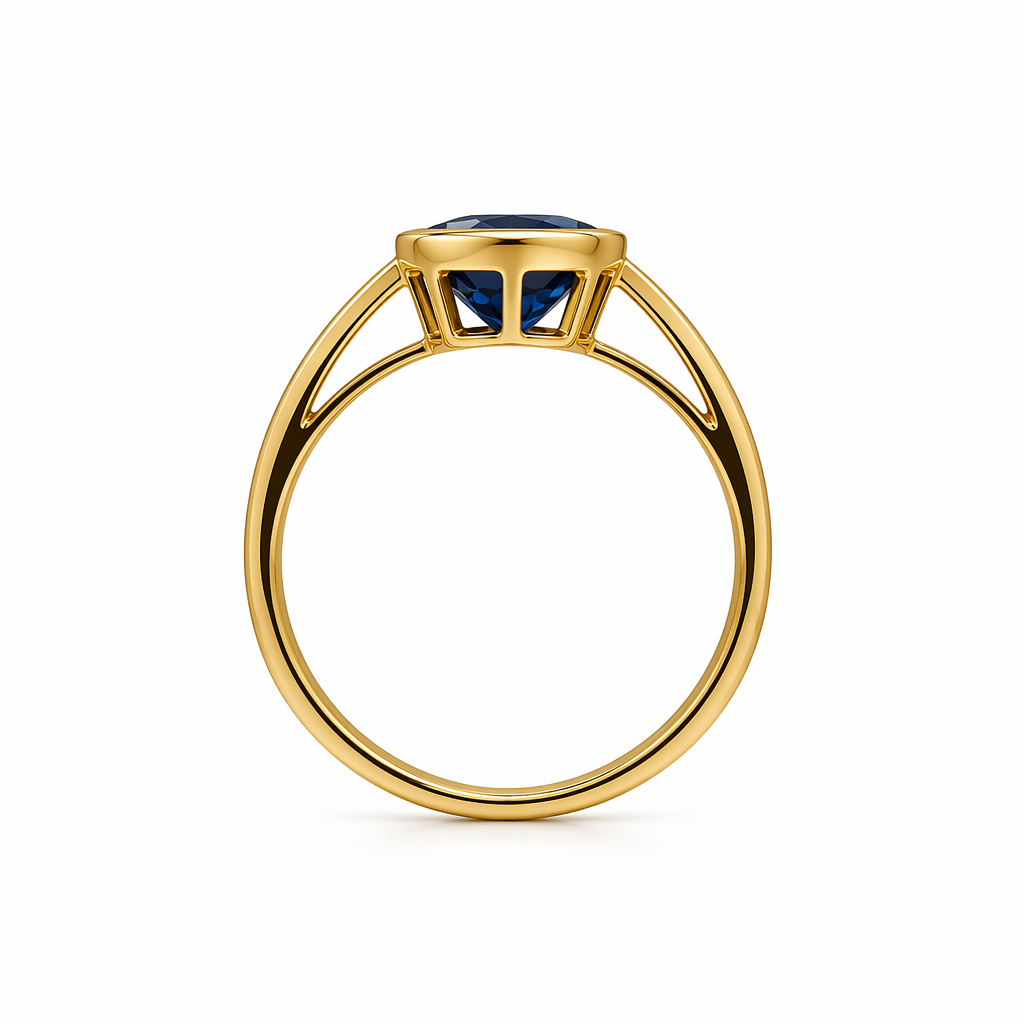 Deep blue Australian sapphire ring top view — bezel set 18K yellow gold | Tayam Jewellery Sydney