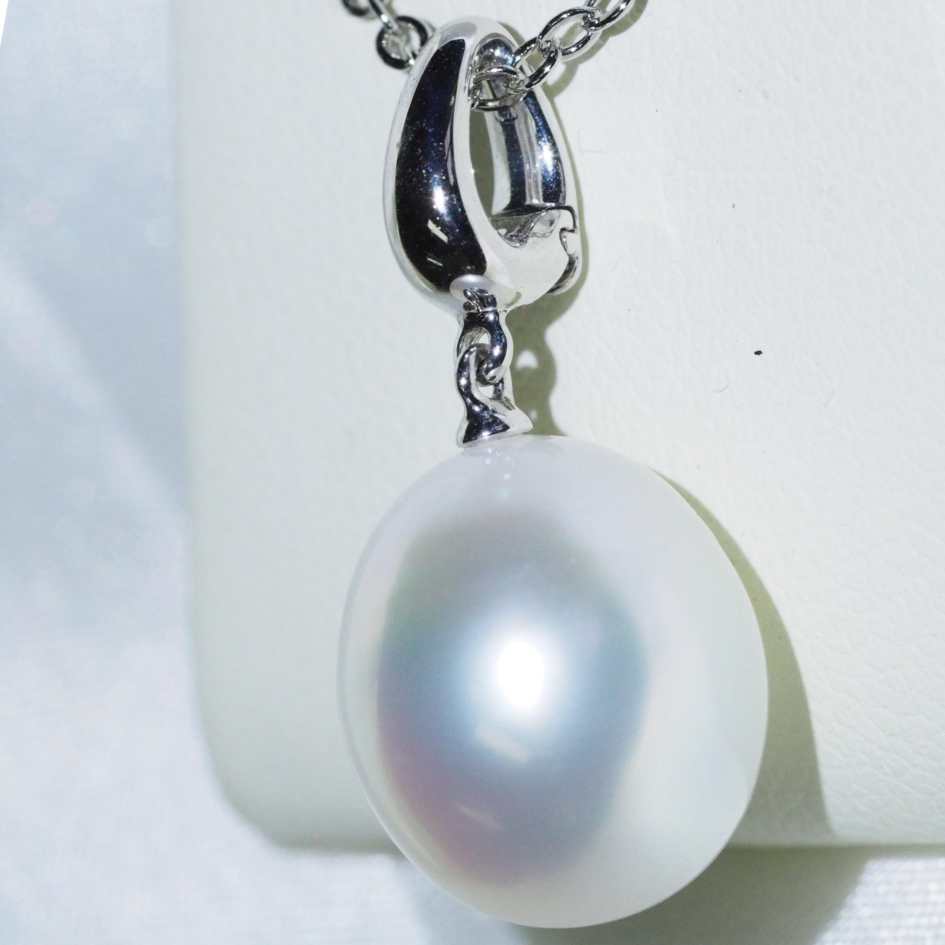 11mm drop South Sea pearl pendant side view — AAA lustre 18K white gold | Tayam Sydney CBD