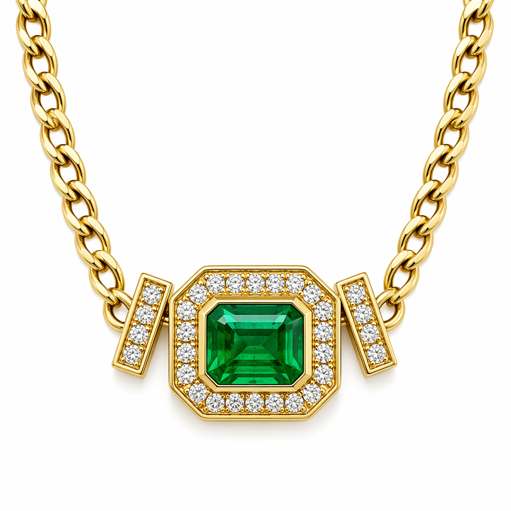 Zambian emerald bezel set necklace close-up — diamond halo and baguette accents on Cuban chain | Tayam Sydney