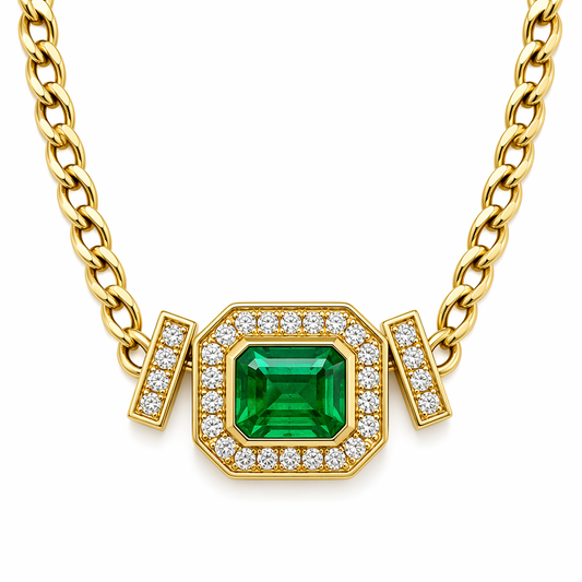 Zambian emerald bezel set necklace close-up — diamond halo and baguette accents on Cuban chain | Tayam Sydney