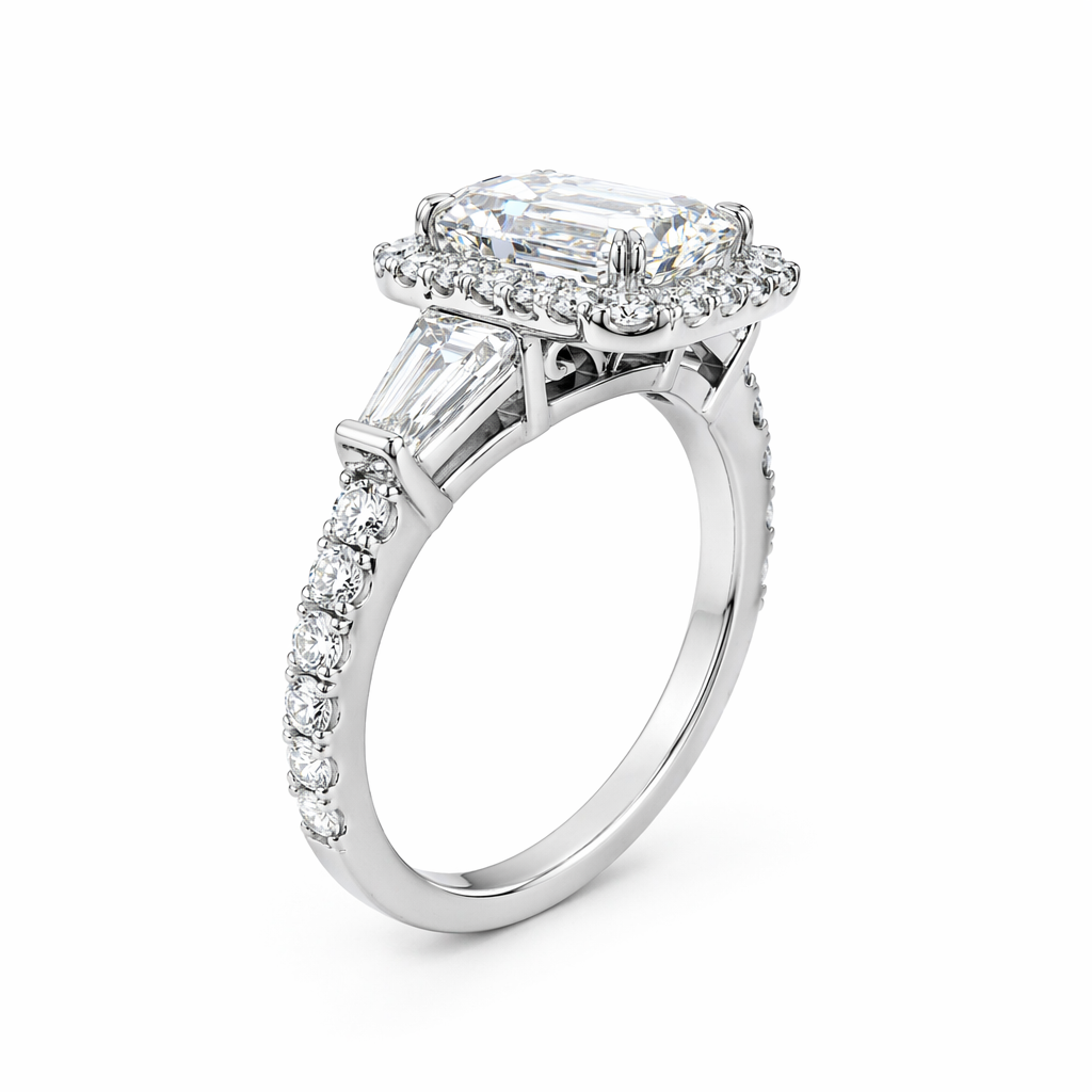 1ct emerald cut halo diamond ring close-up — D/E VVS lab grown Art Deco | Tayam Sydney CBD